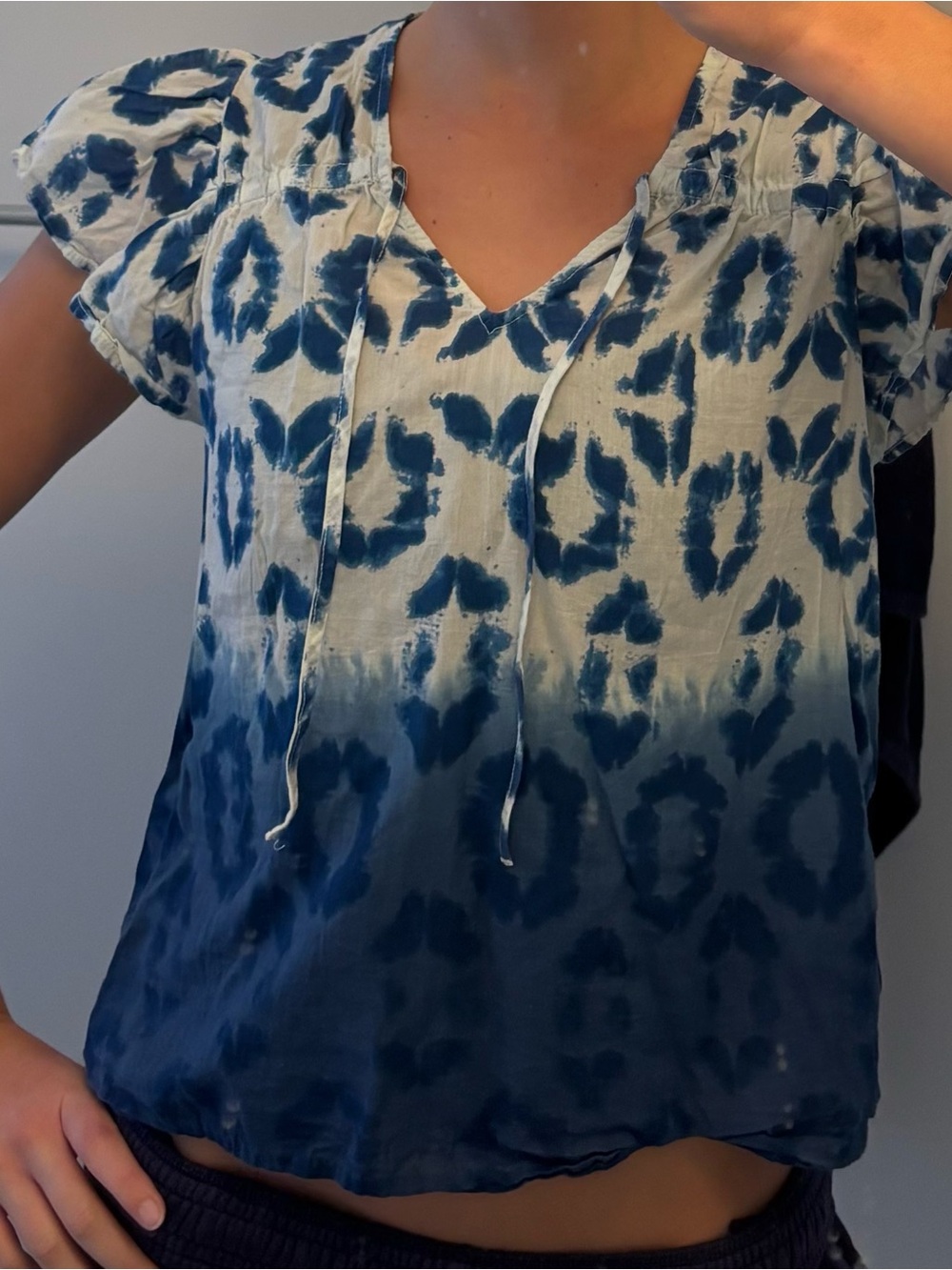 Navy and White Tie-Dye V-Neck Blouse with Front Ties